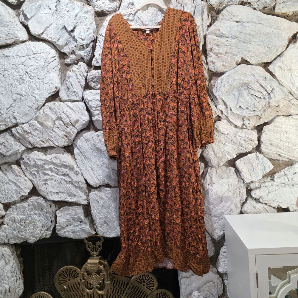 Knox Rose Brown Floral Surplice Neckline Faux Wrap Maxi Dress Boho Prairie XL